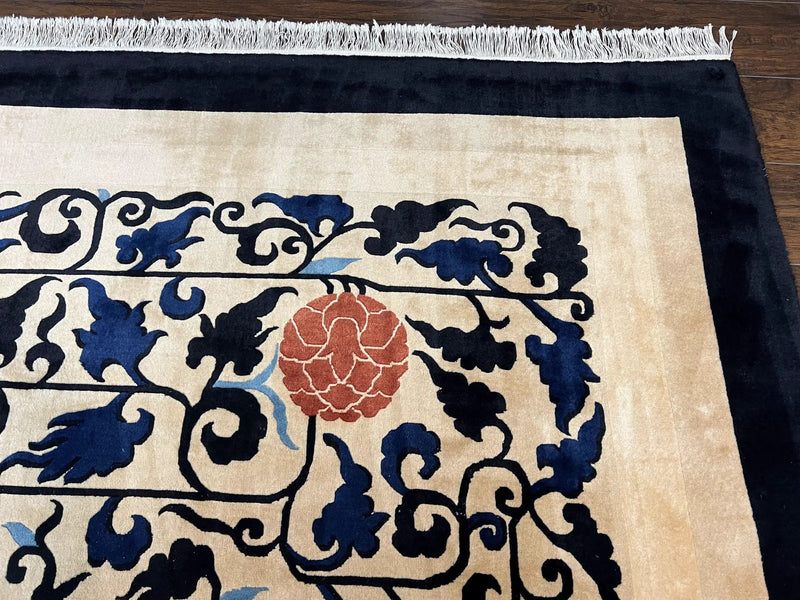 Antique Chinese Peking Rug 10x14, Beige Black, Handmade Wool Art Deco Carpet by Jewel Rugs
