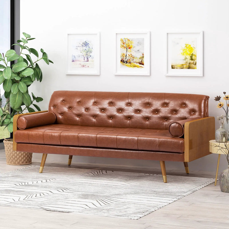 Adelaide Mid Century Modern Tufted Sofa With Rolled Accent Pillows - Light Brown by HouseOfZazla