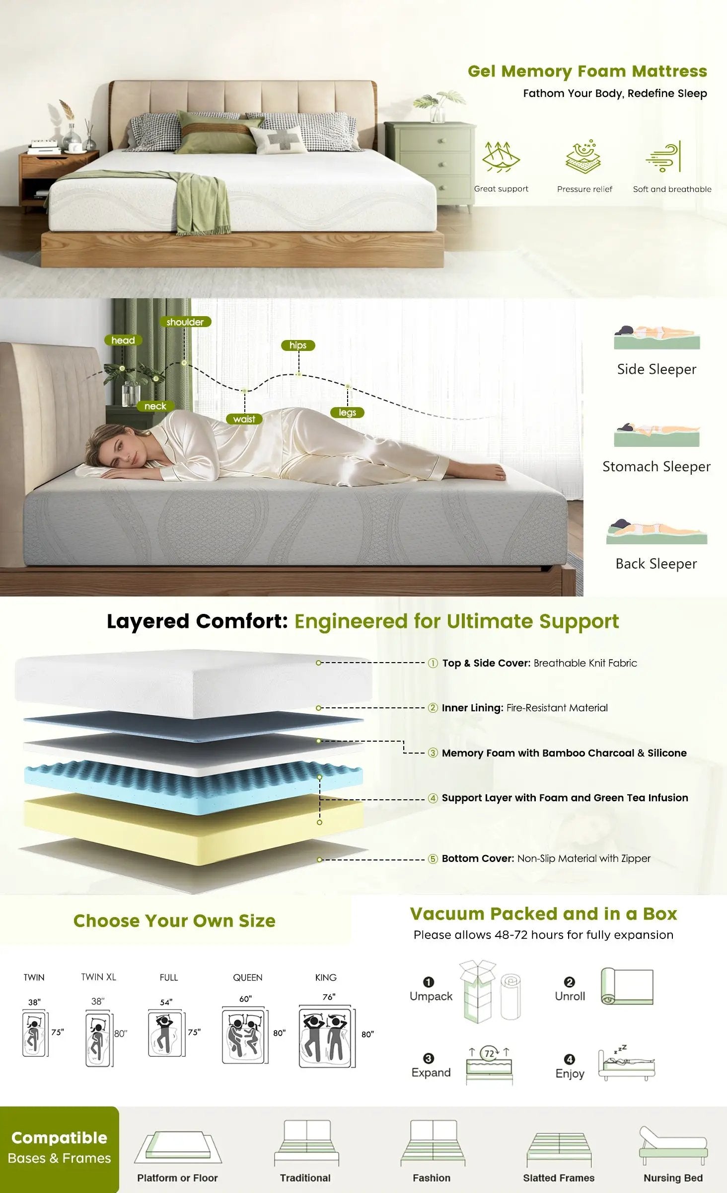 Queen Size Memory Foam Mattress, 10 Inch Bed Mattress, with Cooling by HouseOfZazla