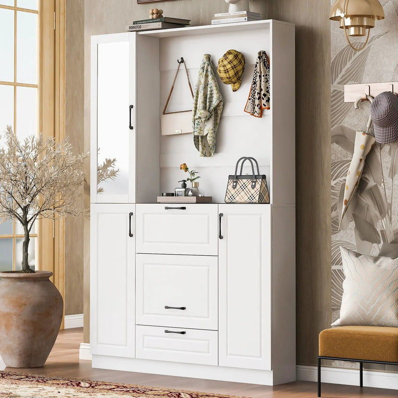 Entryway Bench With Integrated Shoe Cabinet, 3 In 1 Design And Mirrored Cabinet Door, Hall Tree With 4 Sturdy Hooks And Foldable Seat For Entrance, Living Room - White by HouseOfZazla