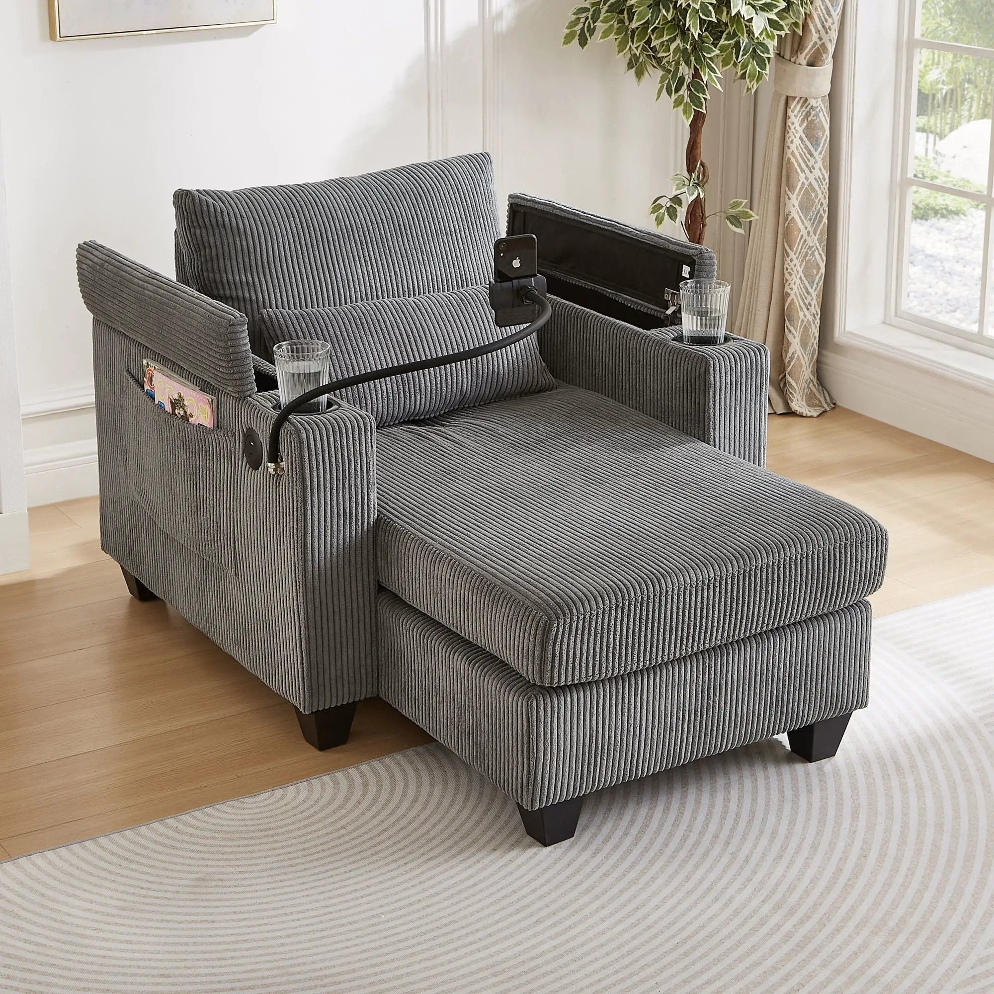Convertible Chaise Lounge Sofa Chair With USB Ports, Cup Holders, Phone Holder And Storage by HouseOfZazla