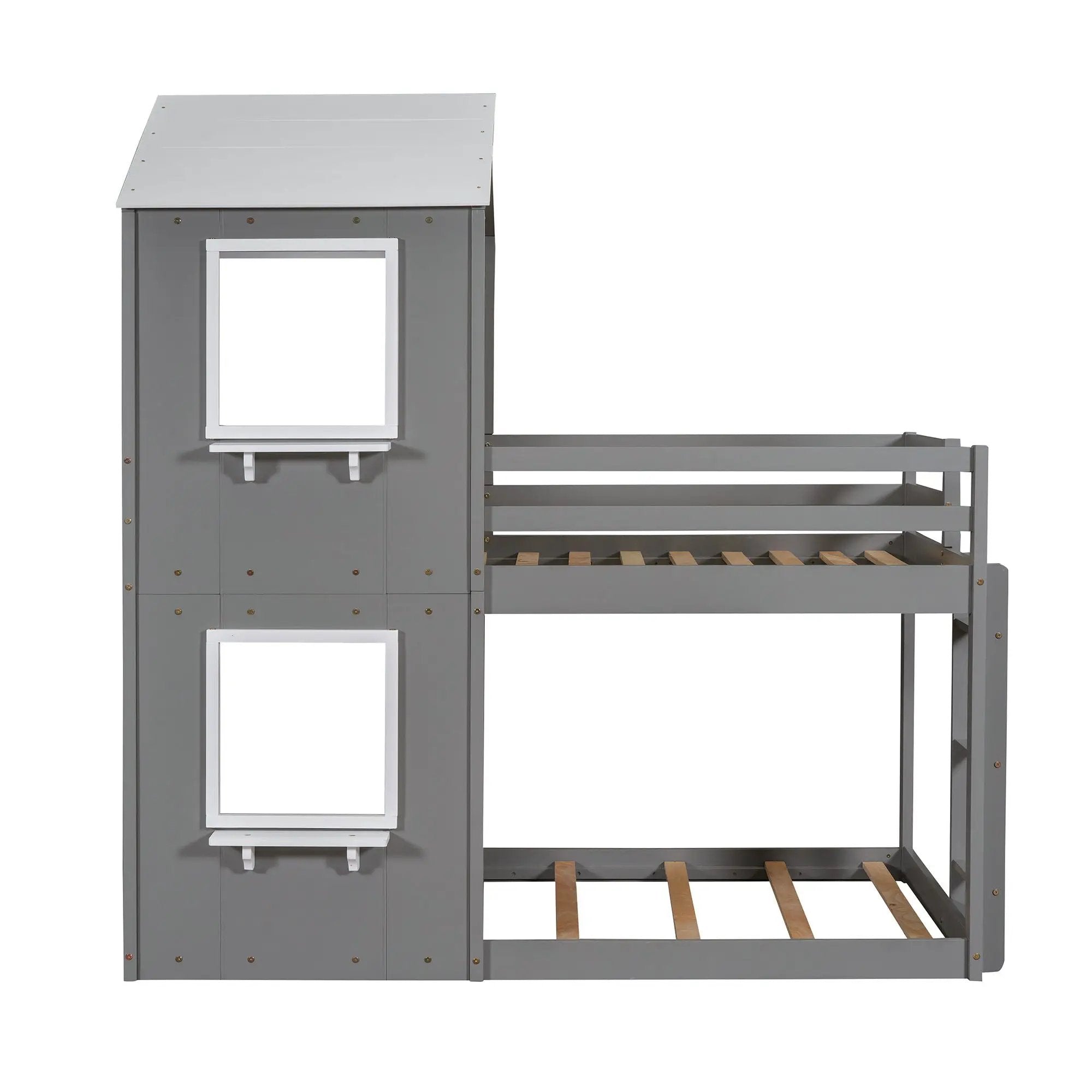 Bunk Bed Wood Bed & Roof, Window, Guardrail, Ladder