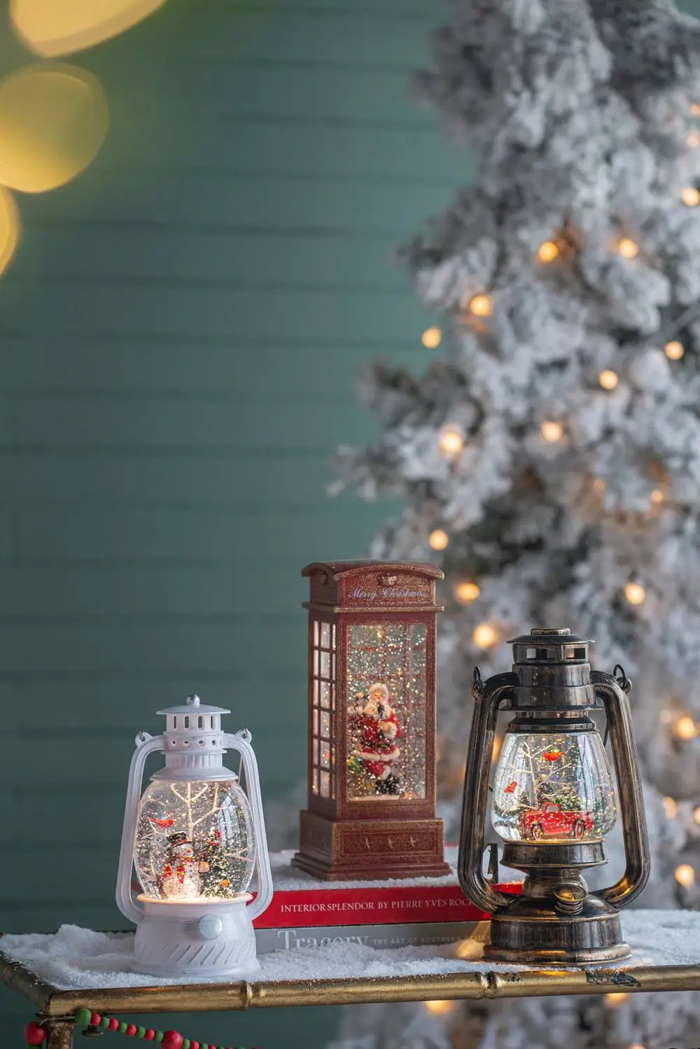 Christmas Plastic / Resin Lantern With Snowman & Tree LED / Water Spinning / 6 Hours Timer, 3*AA Batteries Required - White / Multi by HouseOfZazla