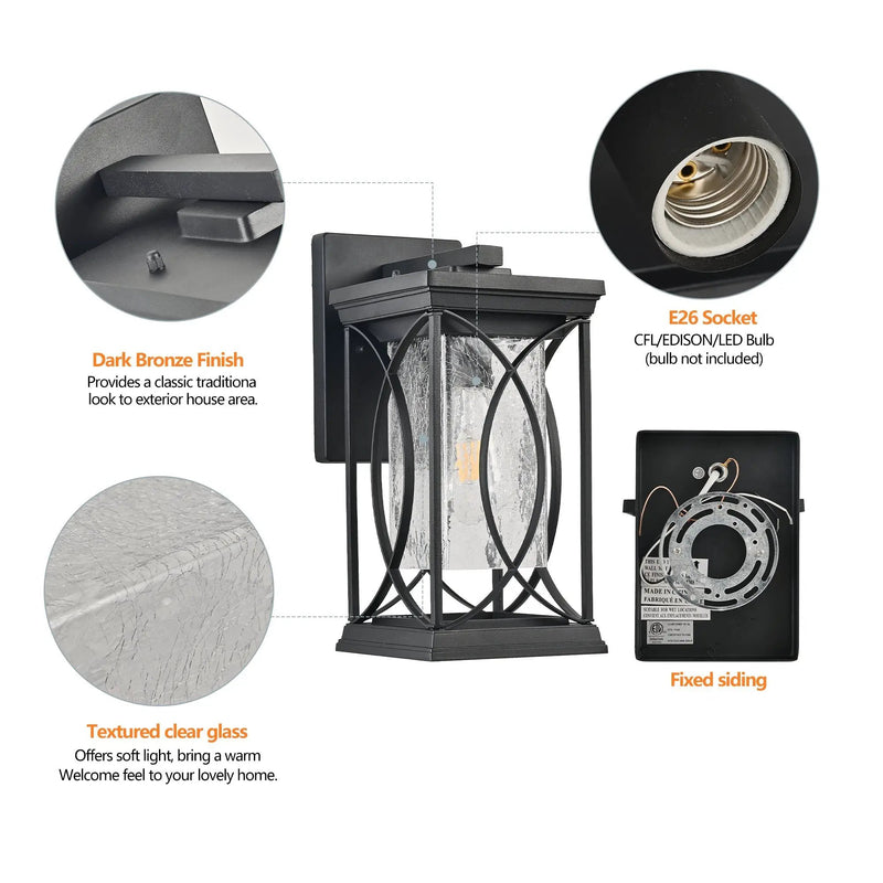 14'(H) Black Outdoor Wall Lantern with Crackled Glass by HouseOfZazla