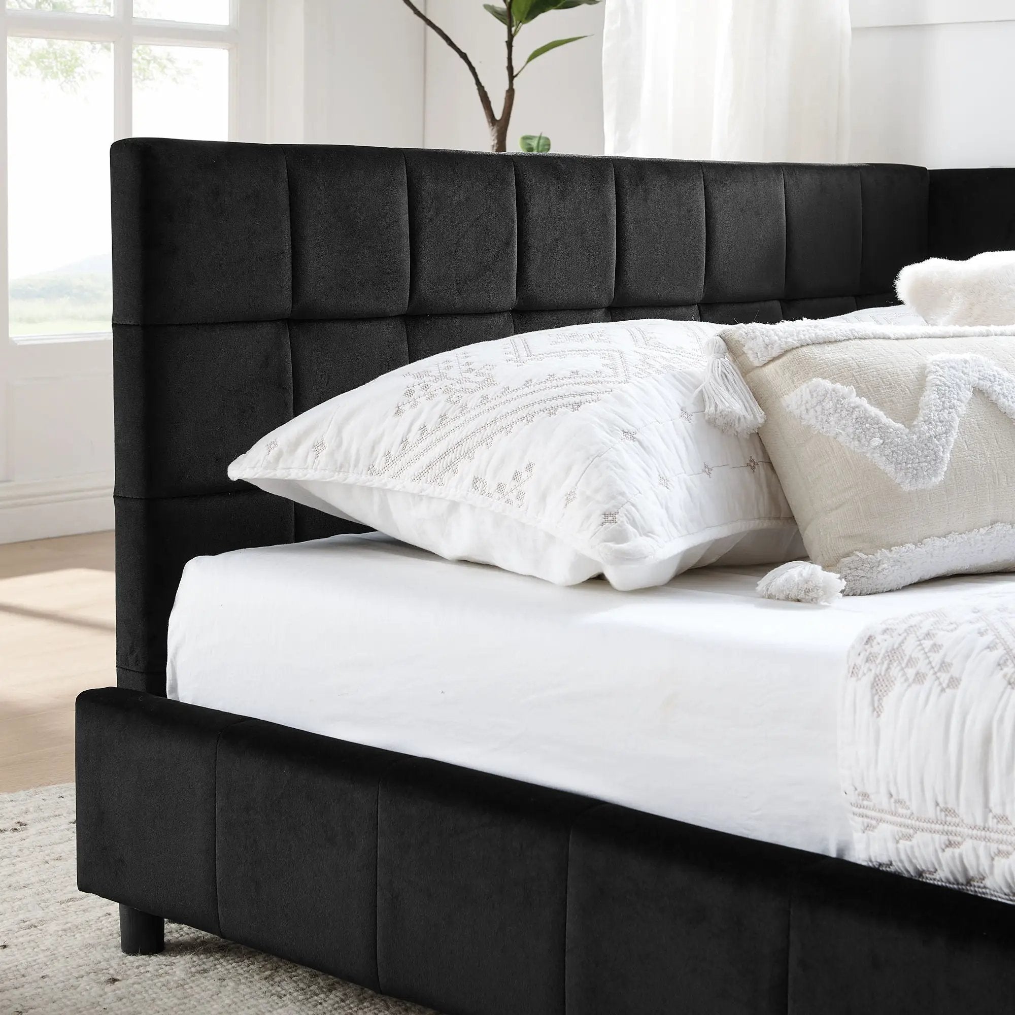 Mid-Century Storage Upholstered Tufted Bed Frame With Backrest And Armrests by Unique Piece Furniture