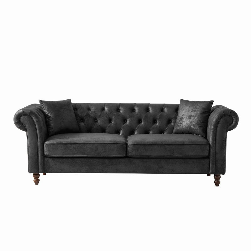 Chesterfield Sofa, High Tech Fabric Roll Armrest, 3 Seater Couch - Black by Unique Piece Furniture