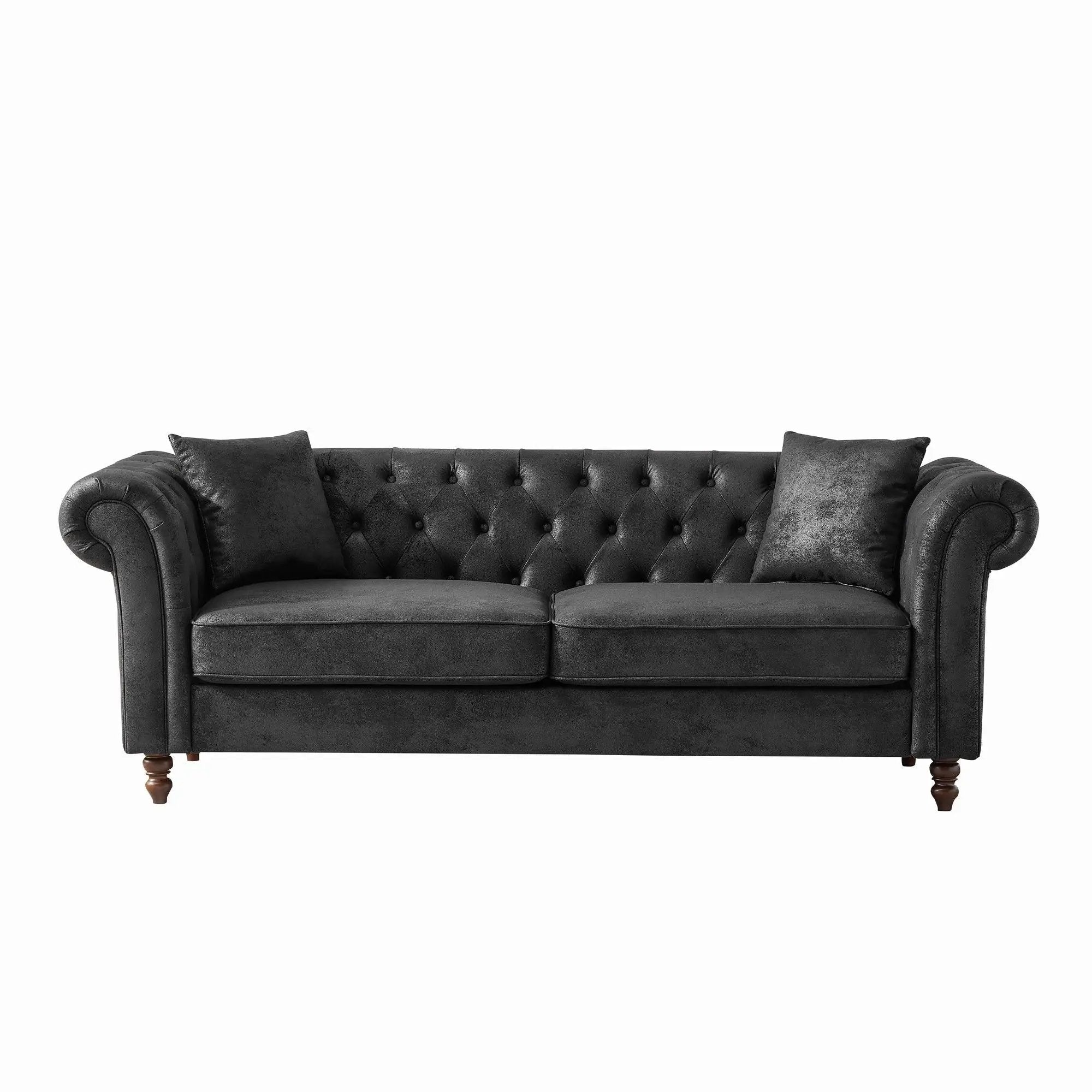 Chesterfield Sofa, High Tech Fabric Roll Armrest, 3 Seater Mid Century Modern Couch - Black by HouseOfZazla