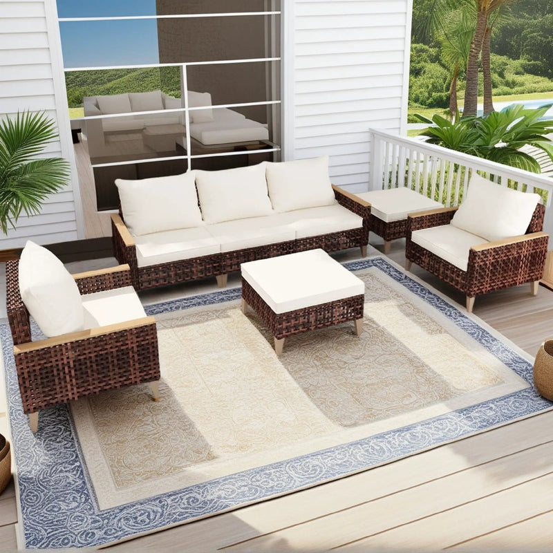 5 Piece Rattan Terrace Furniture Set, 7 Seats Cushions, High Footed Design by HouseOfZazla