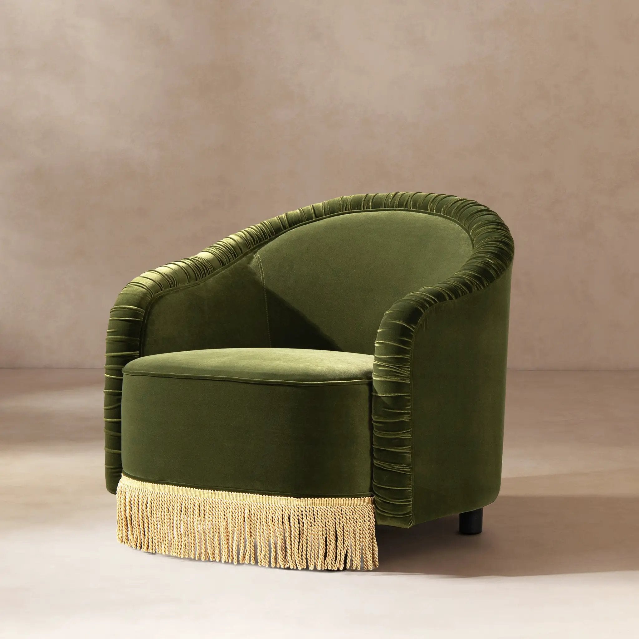 Serena 31.5" Ruched Barrel Back Accent Arm Chair with Bullion Fringe, Olive by HouseOfZazla