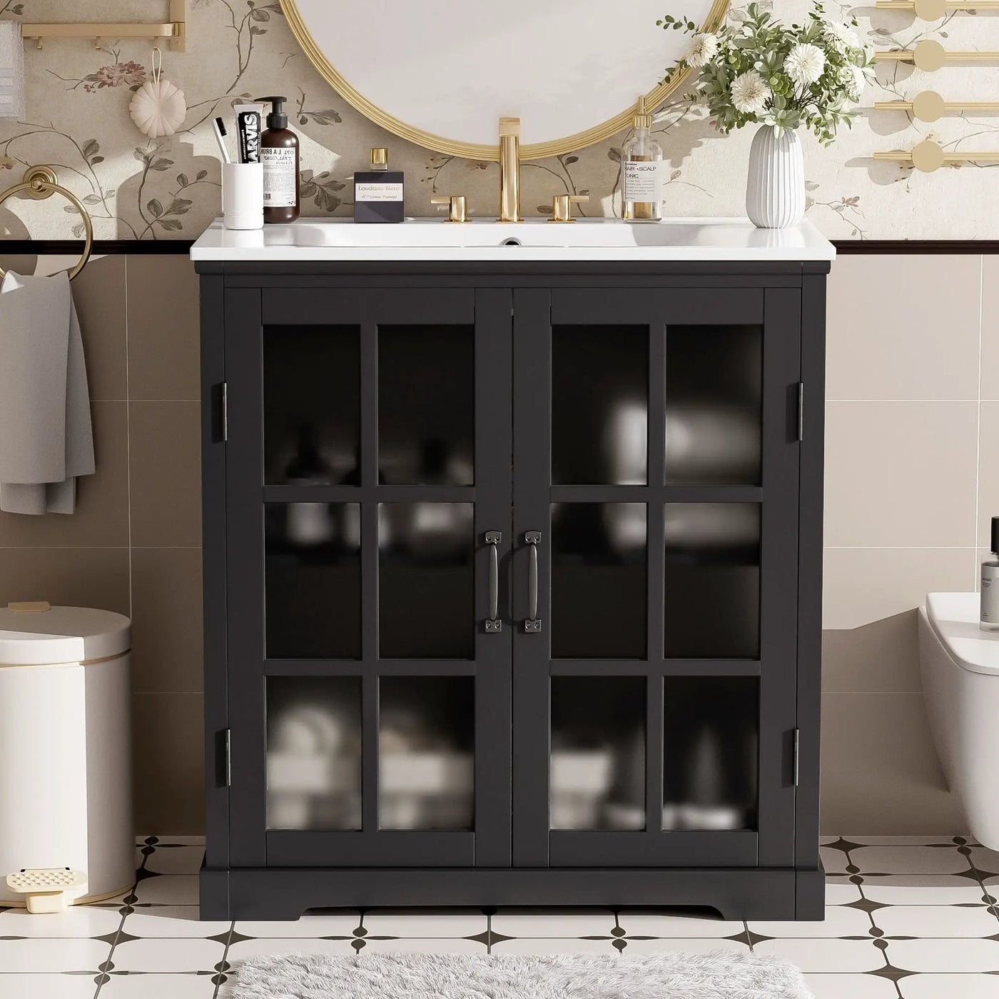Modern Bathroom Vanity With Ceramic Sink, Tempered Blurred Glass Doors by HouseOfZazla