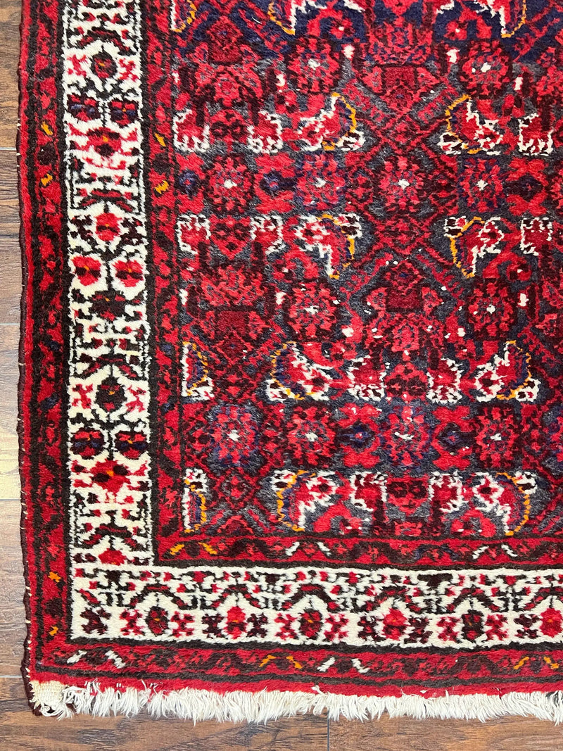 Persian Tribal Runner 3 x 9, Hamadan Dargazin Rug, Dark Blue and Red Wool Hand Knotted Hallway Rug, Vintage Antique Oriental Runner, 9ft Long Runner, Herati by Jewel Rugs