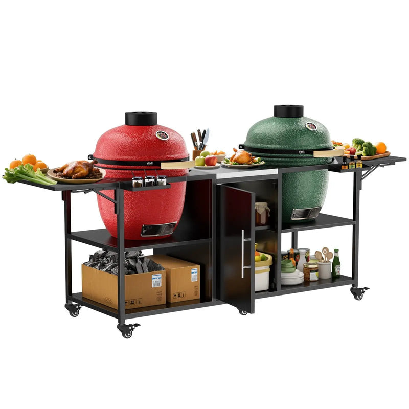 Outdoor Grill Cart For 2 Big Egg - Black / Silver by HouseOfZazla