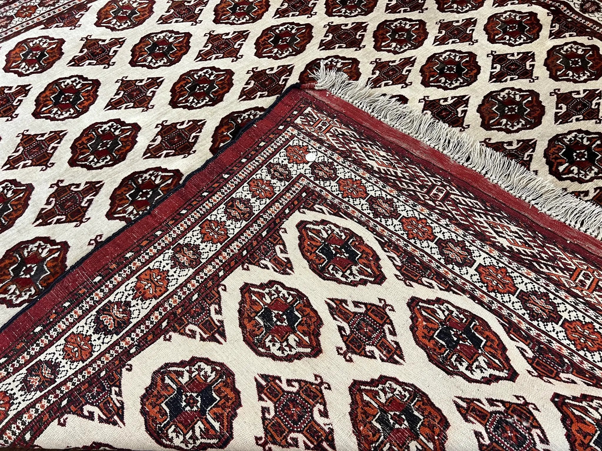 Persian Turkoman Rug 7x8, Almost Square Rare, Hand Knotted, Yamud, Bohemian Rug, Handmade Tribal Rug, Cream Red, Handmade Oriental Carpet by Jewel Rugs