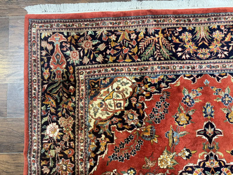 Indo Persian Rug 7x10, Vintage Handmade Wool Carpet, Floral Medallion Traditional Rug, Red and Midnight Blue by Jewel Rugs