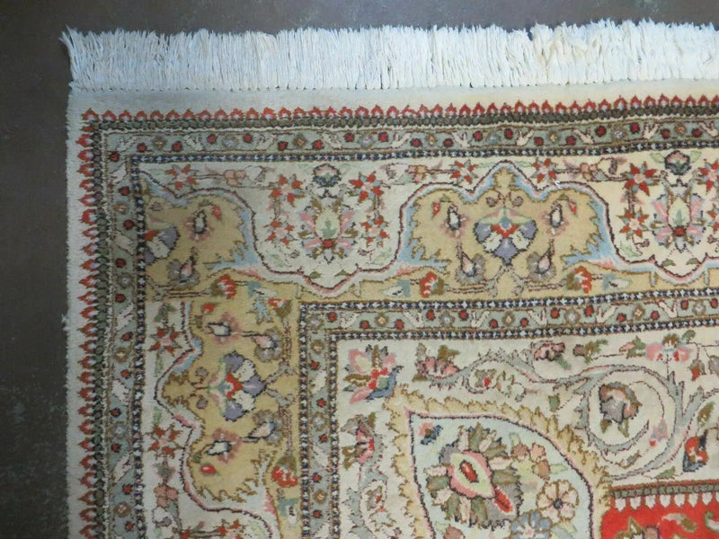 Vintage Persian Tabriz Rug 9x12, Tabatabaie Rug 9x12 Carpet, Handmade Hand Knotted Wool Area Rug, Tomato Red Beige, Medallion Rug, Floral by Jewel Rugs