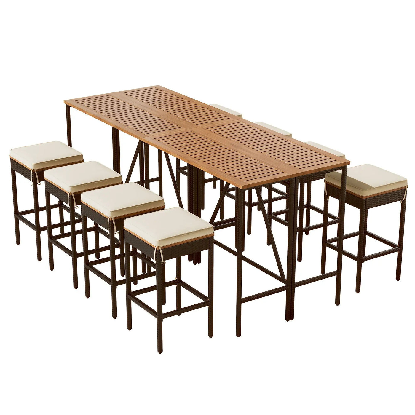 Outdoor Acacia Wood Bar Height Table and Eight Stools with Cushions by HouseOfZazla