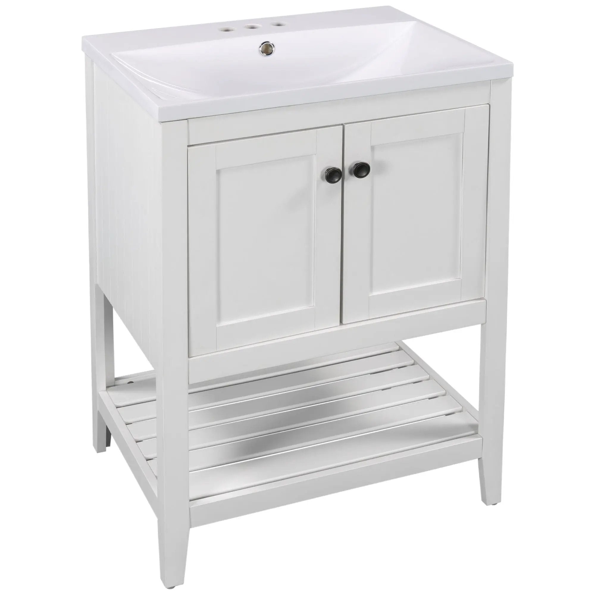 Modern Sleek Bathroom Vanity Elegant Ceramic Sink With Solid Wood Frame Open Style Shelf - White by Unique Piece Furniture
