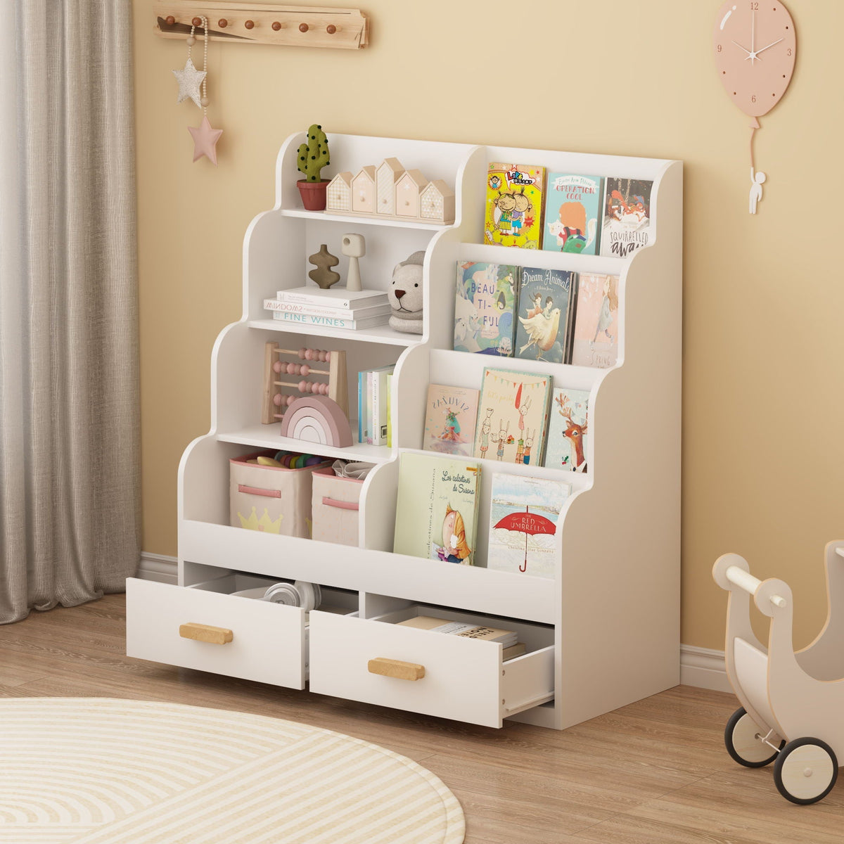 Bookshelf with 2 Storage Drawers, Front Facing Bookcase and Toy Organizer - White, photo 4 of 4