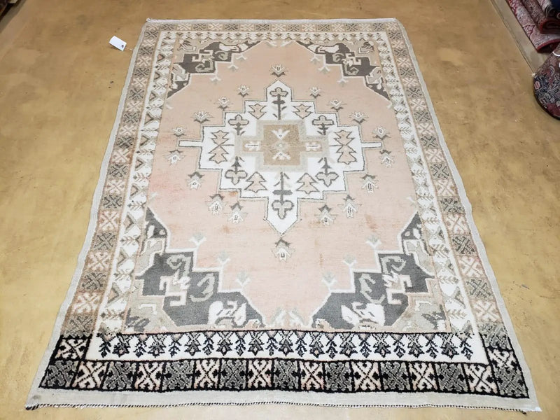 Antique Moroccan Rug 5x7 Tribal Carpet, Hand-Knotted Soft Wool Pile, 5 x 7 Area Rug, Berber Rug, Geometric Open Field Medallion, Pink Ivory by Jewel Rugs