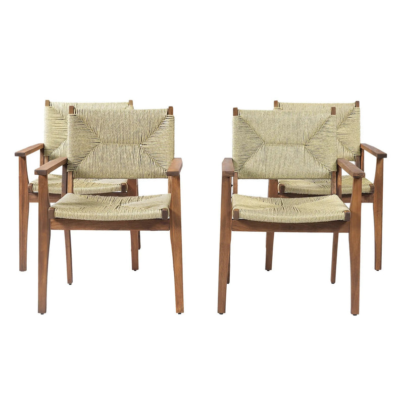5-Piece Outdoor Dining Set: Teak Finish Round Acacia Wood Table & 4 Wicker Armchairs by HouseOfZazla