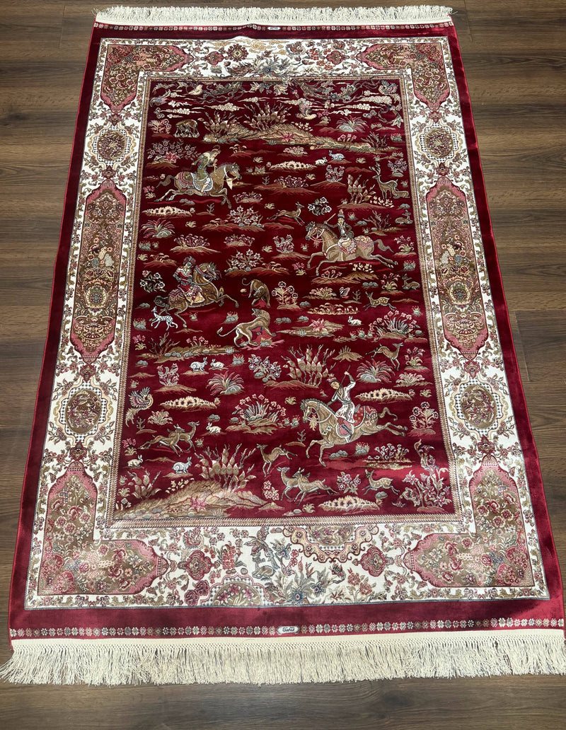 Turkish Silk Hunting Design Rug 4x6, Dark Red & Ivory, Bamboo Silk, New by Jewel Rugs