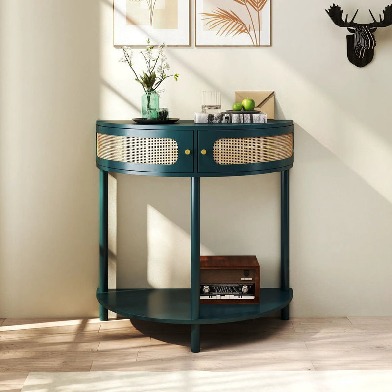 Boho Rattan Semi Circle End Table With Sliding Rattan Door, Storage And Bottom Shelf by Unique Piece Furniture