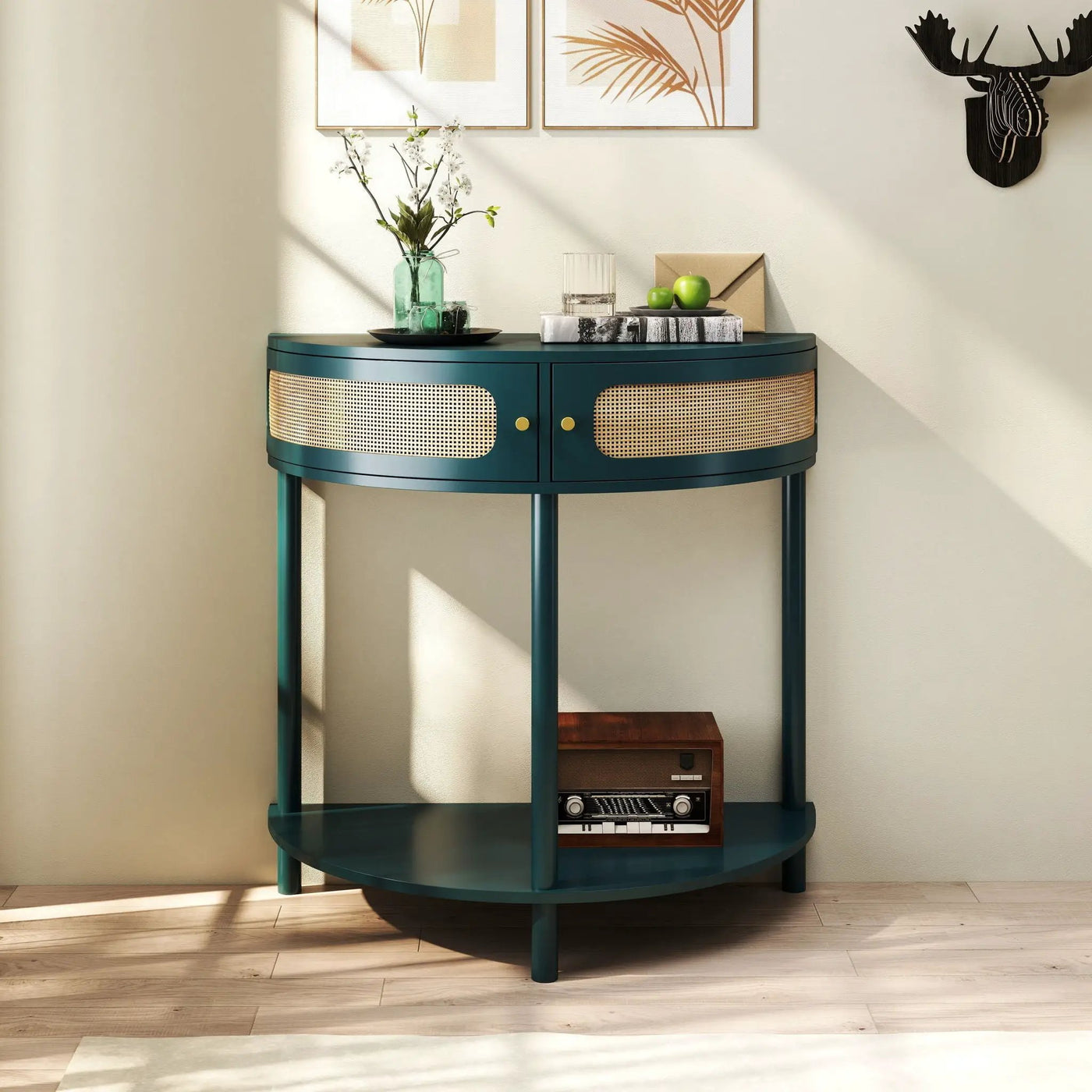 Boho Rattan Semi Circle End Table With Sliding Rattan Door, Storage And Bottom Shelf by HouseOfZazla