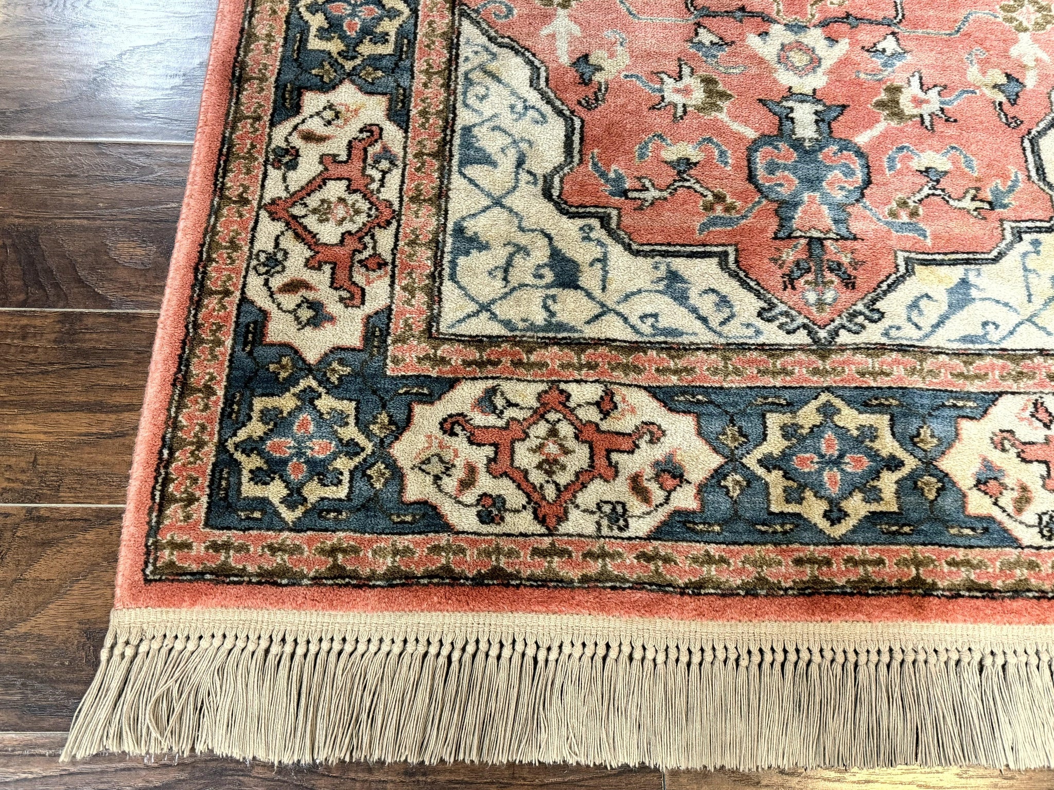 Karastan Rug 4x6 Bergama Design #737, Karastan Area Rug, Vintage Wool Karastan Carpet, Original Collection 700 Series, Salmon Red Light Blue by Jewel Rugs