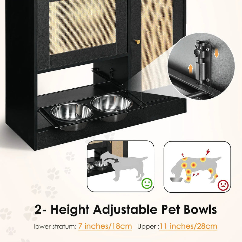 Feeding Station with 2 Lockers and Elevated Bowls Black by HouseOfZazla