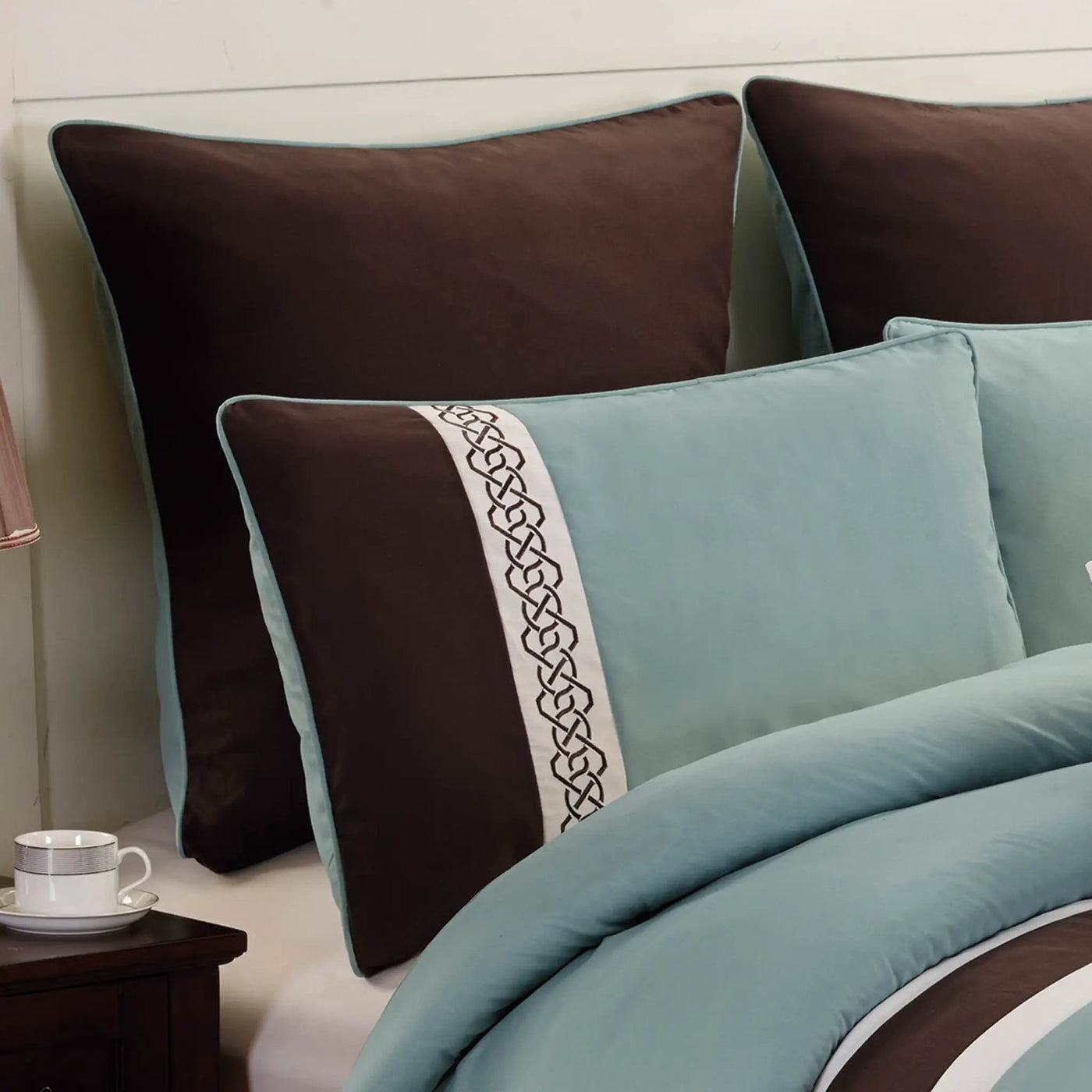 Tolbert 8 Pc Teal & Brown Geometric Embroidered Comforter Set by HouseOfZazla