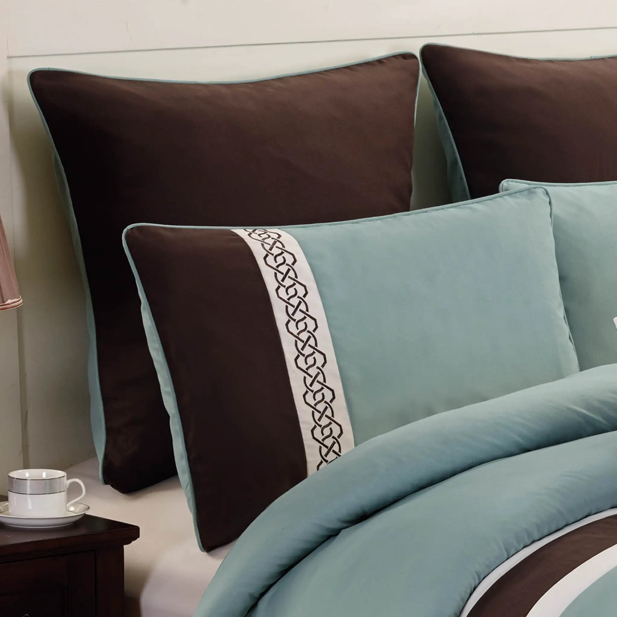 Tolbert 8 Pc Teal & Brown Geometric Embroidered Comforter Set by HouseOfZazla