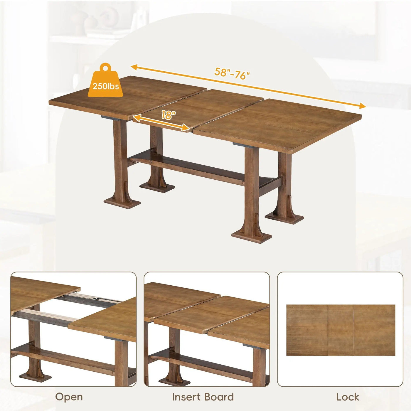 Topmax - 6 Piece Farmhouse Extendable Dining Table Set Trestle Kitchen Table Set With Removable Leaf And Upholstered Dining Chair And Bench For Dining Room by Unique Piece Furniture