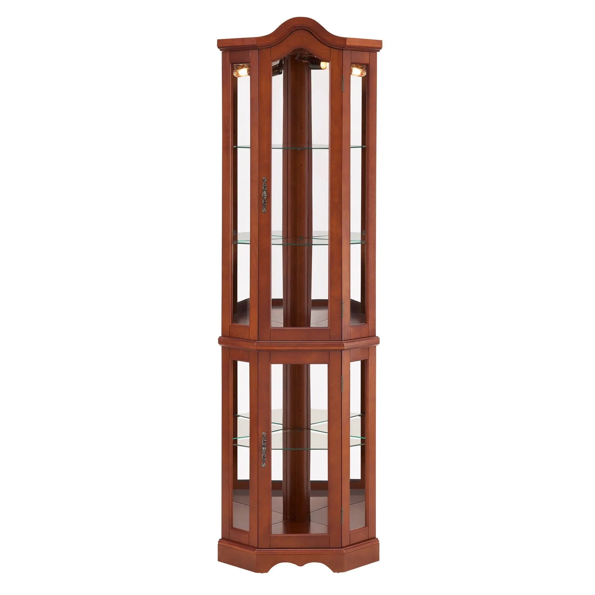Corner Curio Cabinet With Lights, Adjustable Shelves, Mirrored Back - Walnut