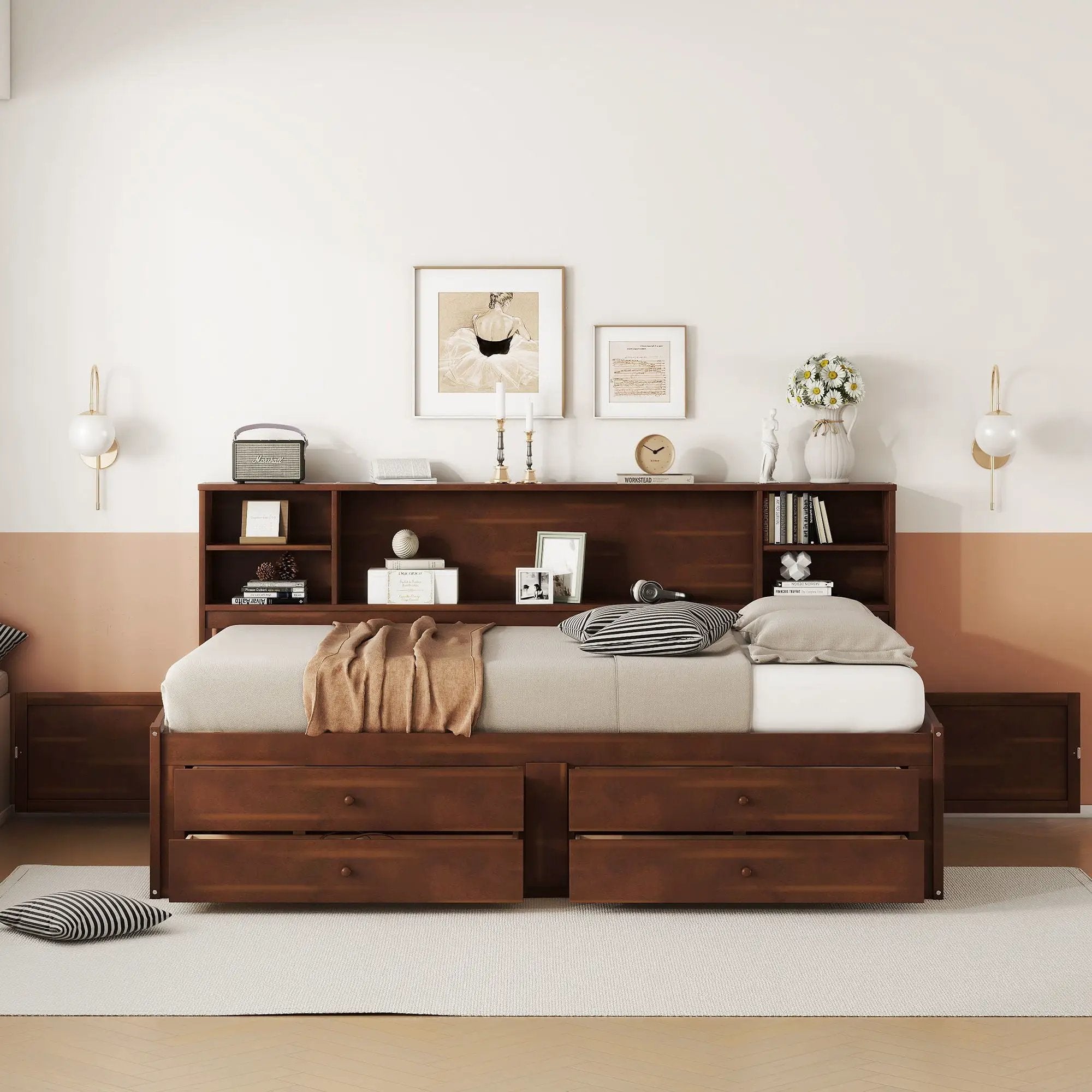Full Size Captain Bed With Built In Storage Shelves, 4 Drawers And 2 Cabinets - Antique Brown by Unique Piece Furniture