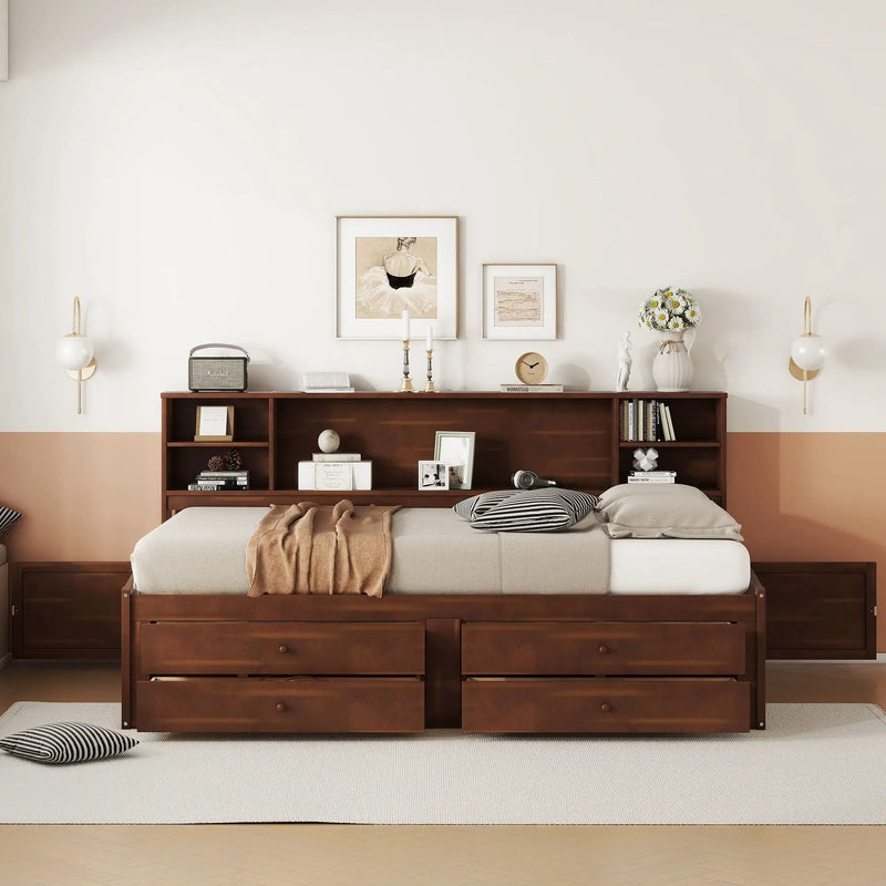 Full Size Captain Bed With Built In Storage Shelves, 4 Drawers And 2 Cabinets - Antique Brown by HouseOfZazla