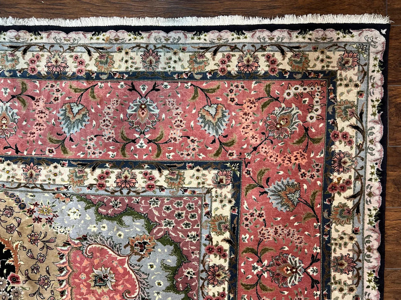 Magnificent Persian Tabriz Rug 11x16, Oversized Persian Carpet 11 x 16 ft, Wool on Silk Finely Hand Knotted, 450 KPSI, Floral Medallion, Black Pink by Jewel Rugs