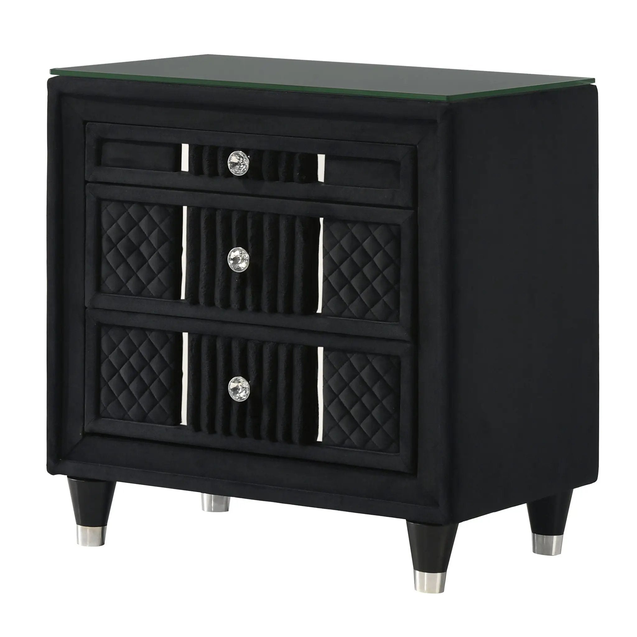 1 Piece Nightstand Upholstery Textured Look Luxurious Feel Drawer Fronts Crystal Style Knobs - Black by Unique Piece Furniture