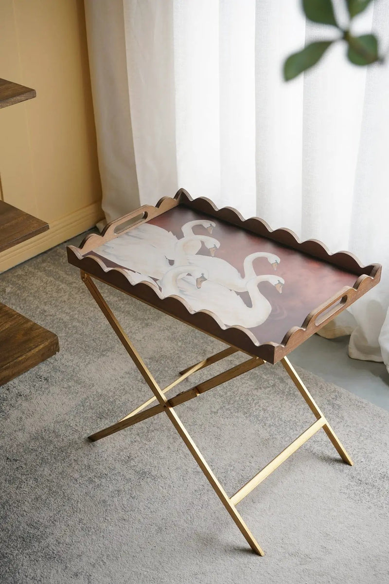 23.5x15.5x24 Brown MDF Tray Table with White Swan Motif and Iron Base by HouseOfZazla