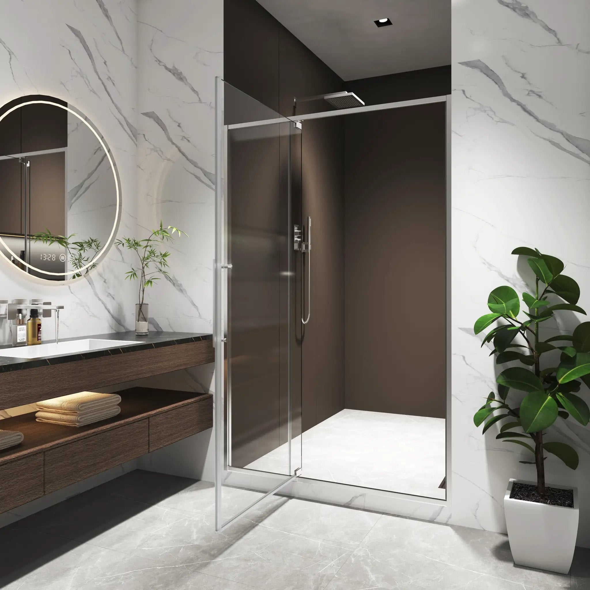 44-48"W x 74"H Pivot Shower Door with Brushed Nickel Finish by HouseOfZazla