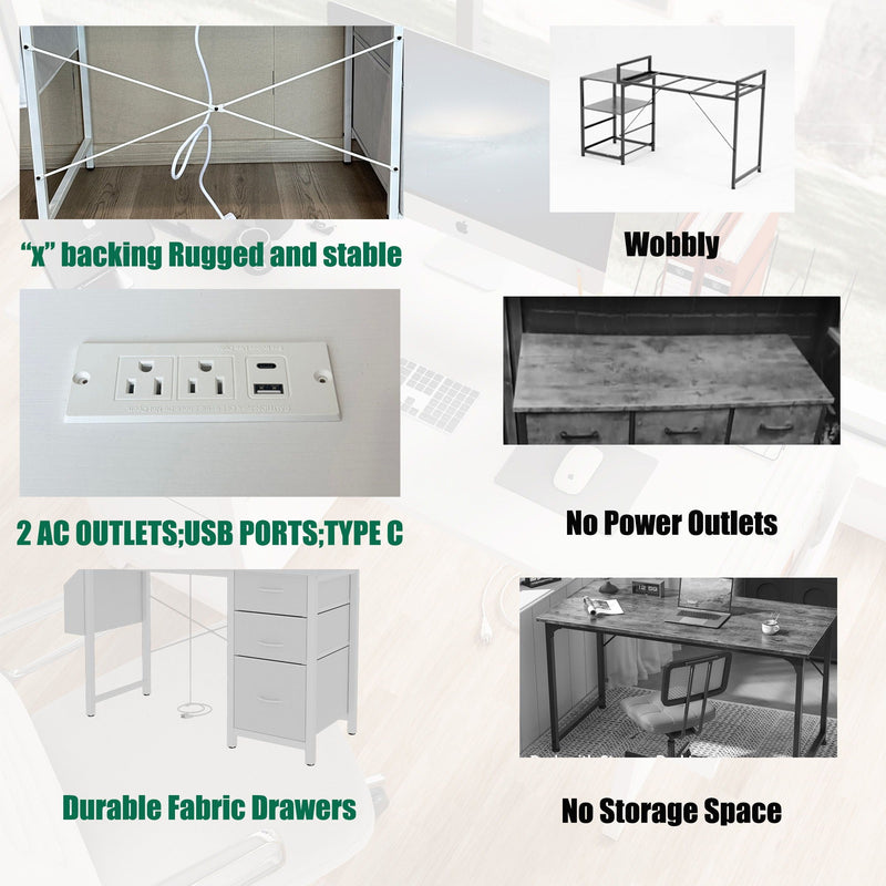 Office Desk With Power Outlet, 3 Drawers And Side Pocket For Office - White by HouseOfZazla