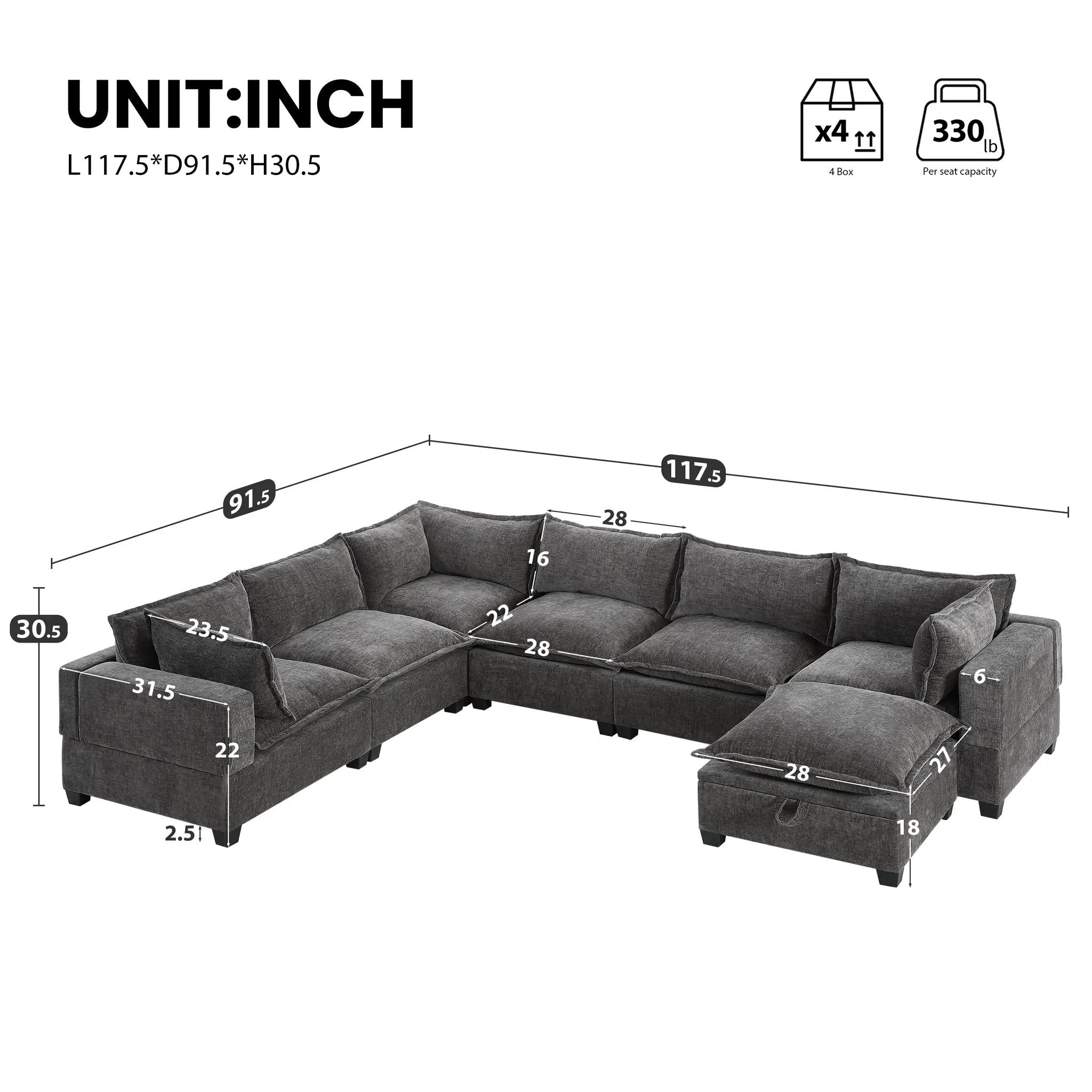 117.5'' Modular Sectional Sofa with Movable Storage Ottoman by HouseOfZazla
