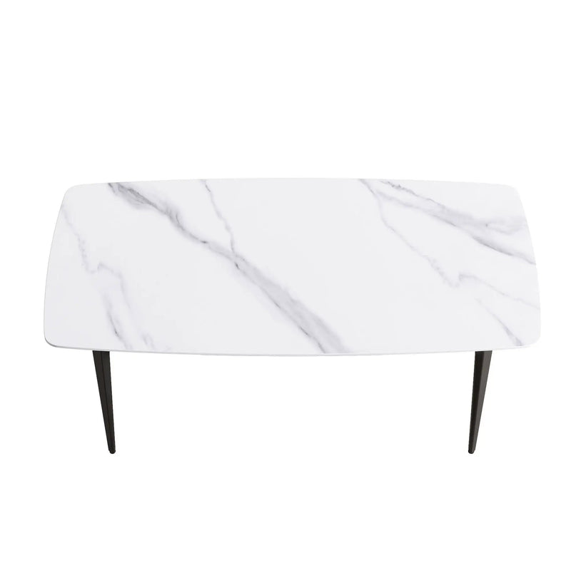 70.87" Modern Artificial Stone Curved Black Metal Leg Dining Table, Can Accommodate 6-8 People - White / Black by HouseOfZazla