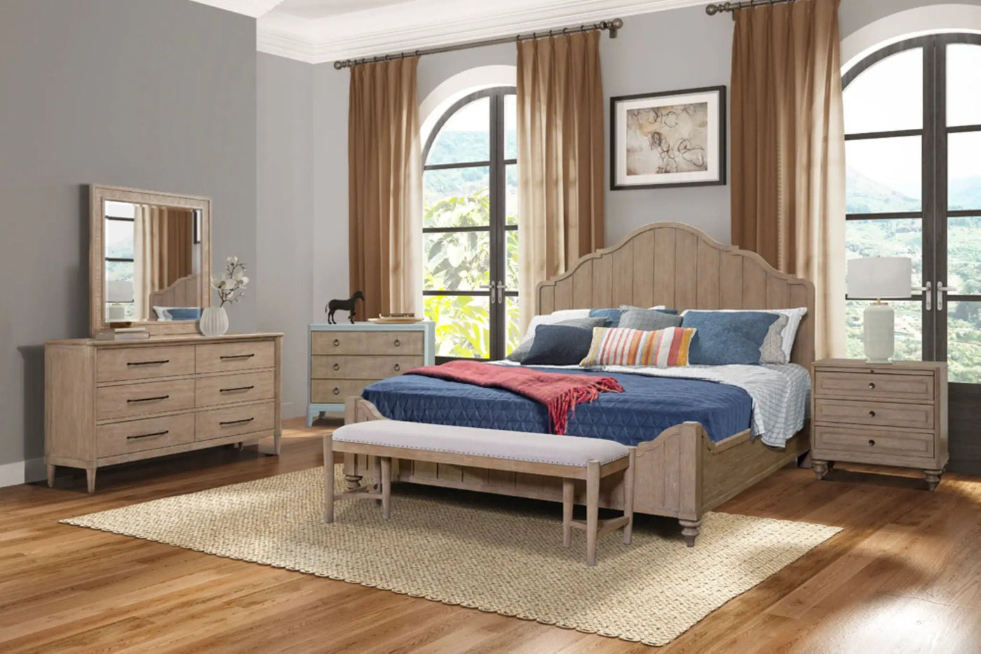 Panel Bedroom Set With 3 Drawer Nightstand, Casual Dresser, Cane Mirror, 3 Drawer Cane Front Chest And Bench by HouseOfZazla