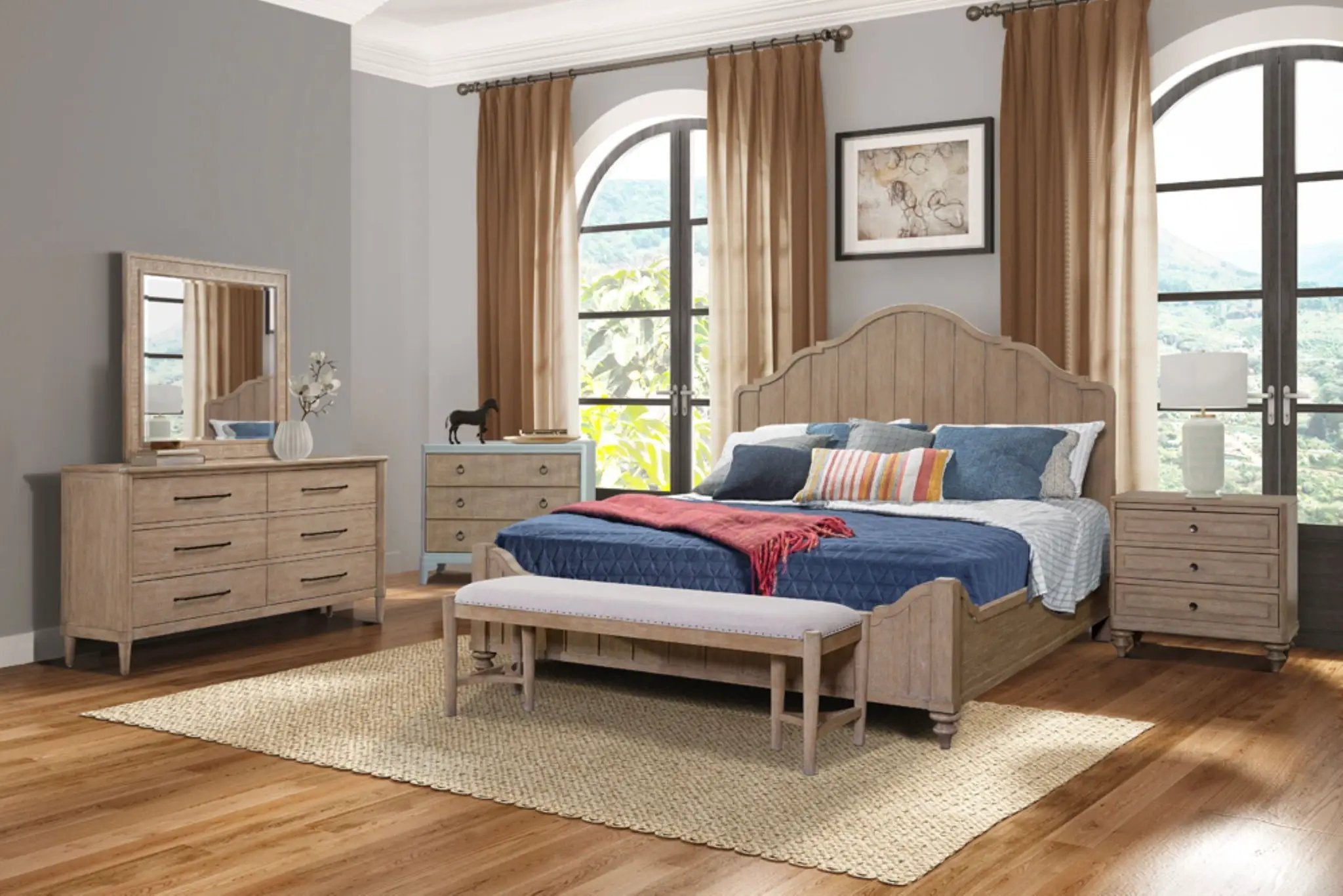 Panel Bedroom Set With 3 Drawer Nightstand, Casual Dresser, Cane Mirror, 3 Drawer Cane Front Chest And Bench by HouseOfZazla