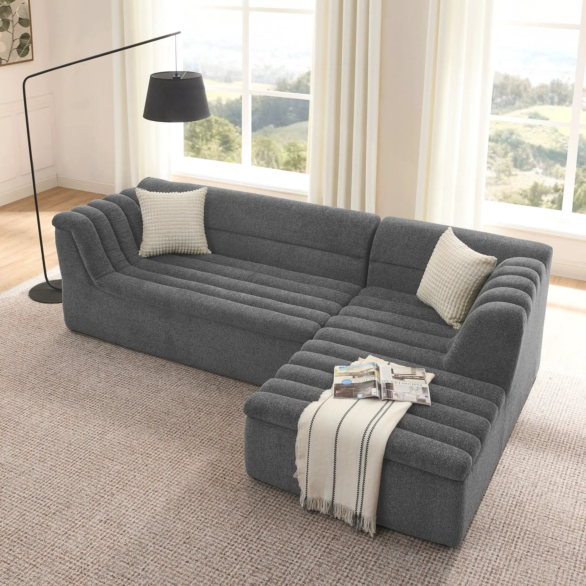 Upholstered L-Shaped Modular Sectional Sofa With Chaise, Wave-Shaped Armrest by Unique Piece Furniture