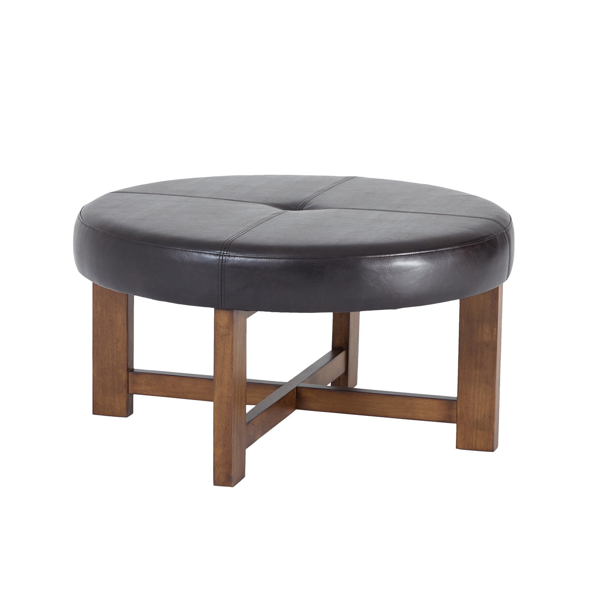 Round Leather Ottoman Coffee Table with Solid Wood Base, photo 8 of 10