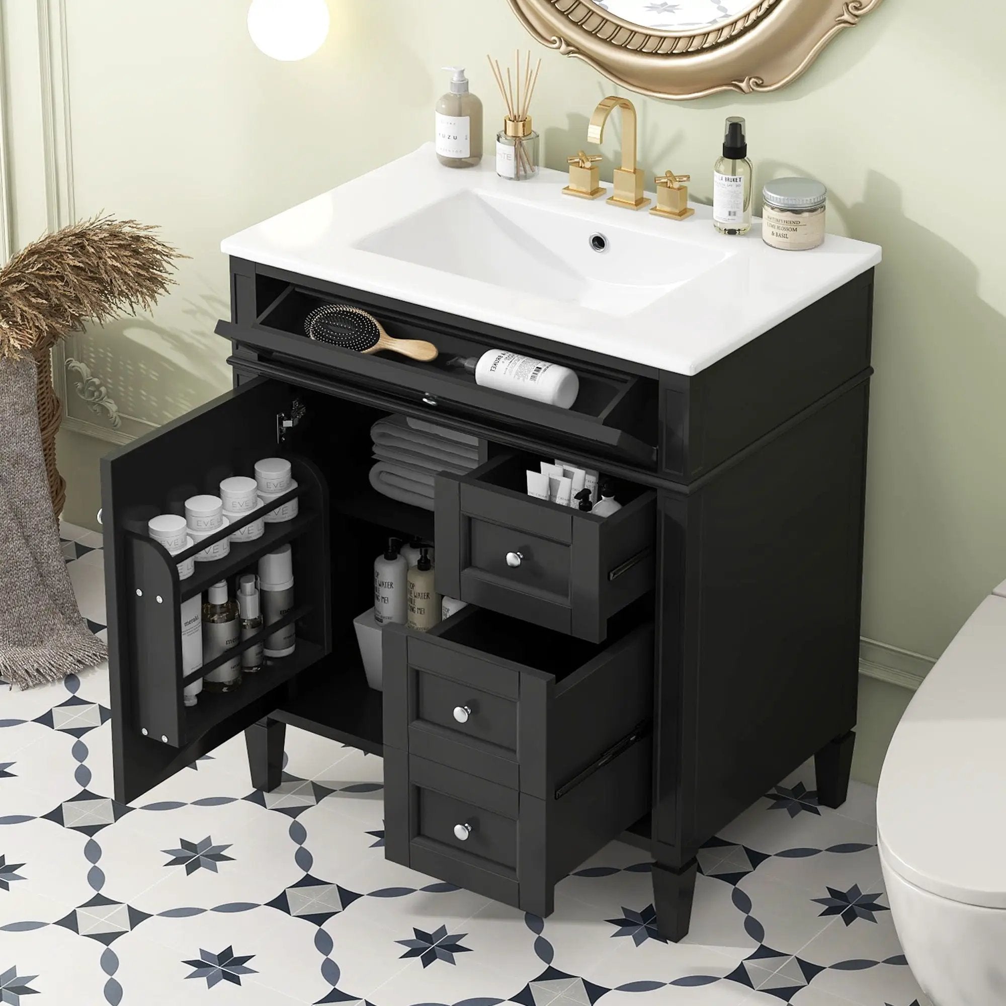 Bathroom Vanity With Top Sink, 2 Drawers & Tip Out Drawer by Unique Piece Furniture