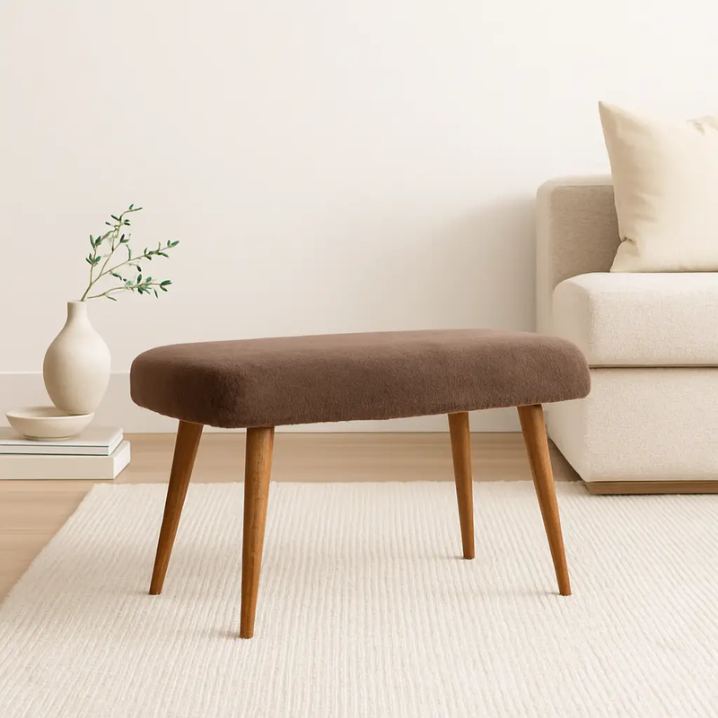 Solid Wood Faux Fur Fabric Bench, Upholstered, Nordic Legs by HouseOfZazla