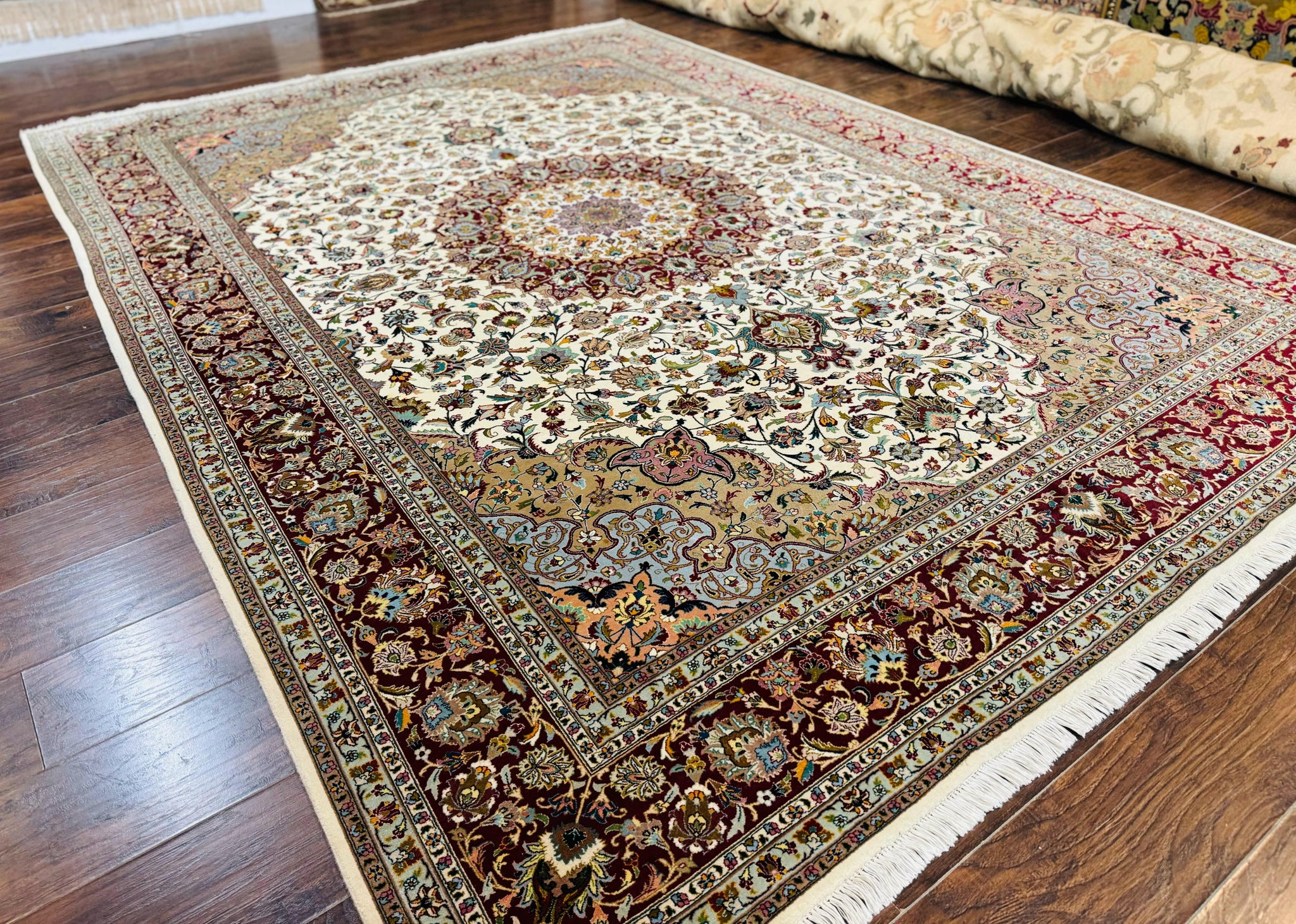 Persian Tabriz Rug 8x11, Floral Medallion Traditional Area Rug, Fine 300 KPSI, Ivory Maroon by Jewel Rugs