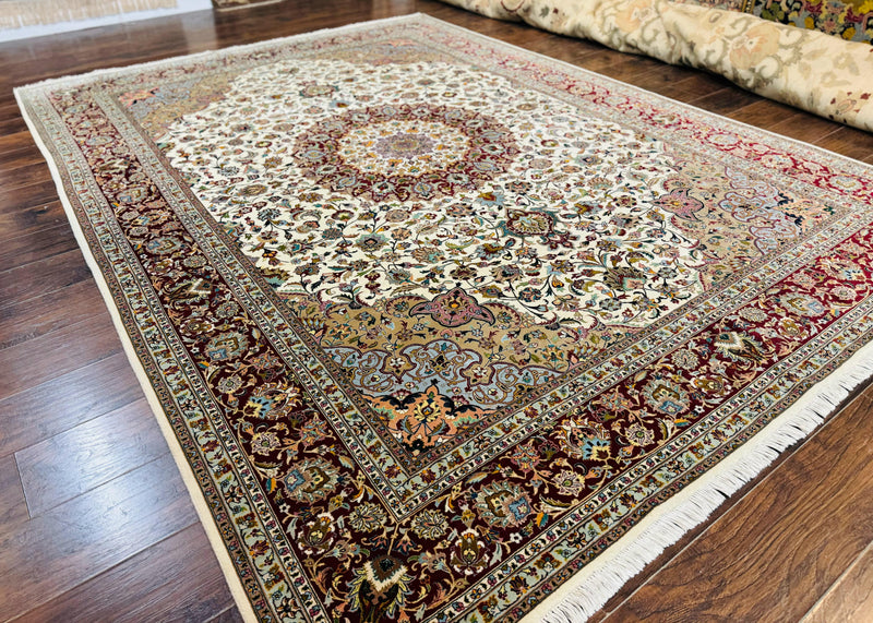 Persian Tabriz Rug 8x11, Floral Medallion Traditional Area Rug, Fine 300 KPSI, Ivory Maroon by Jewel Rugs